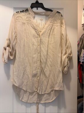 mine Cream Embroidered Lace Yoke Button-Down Blouse